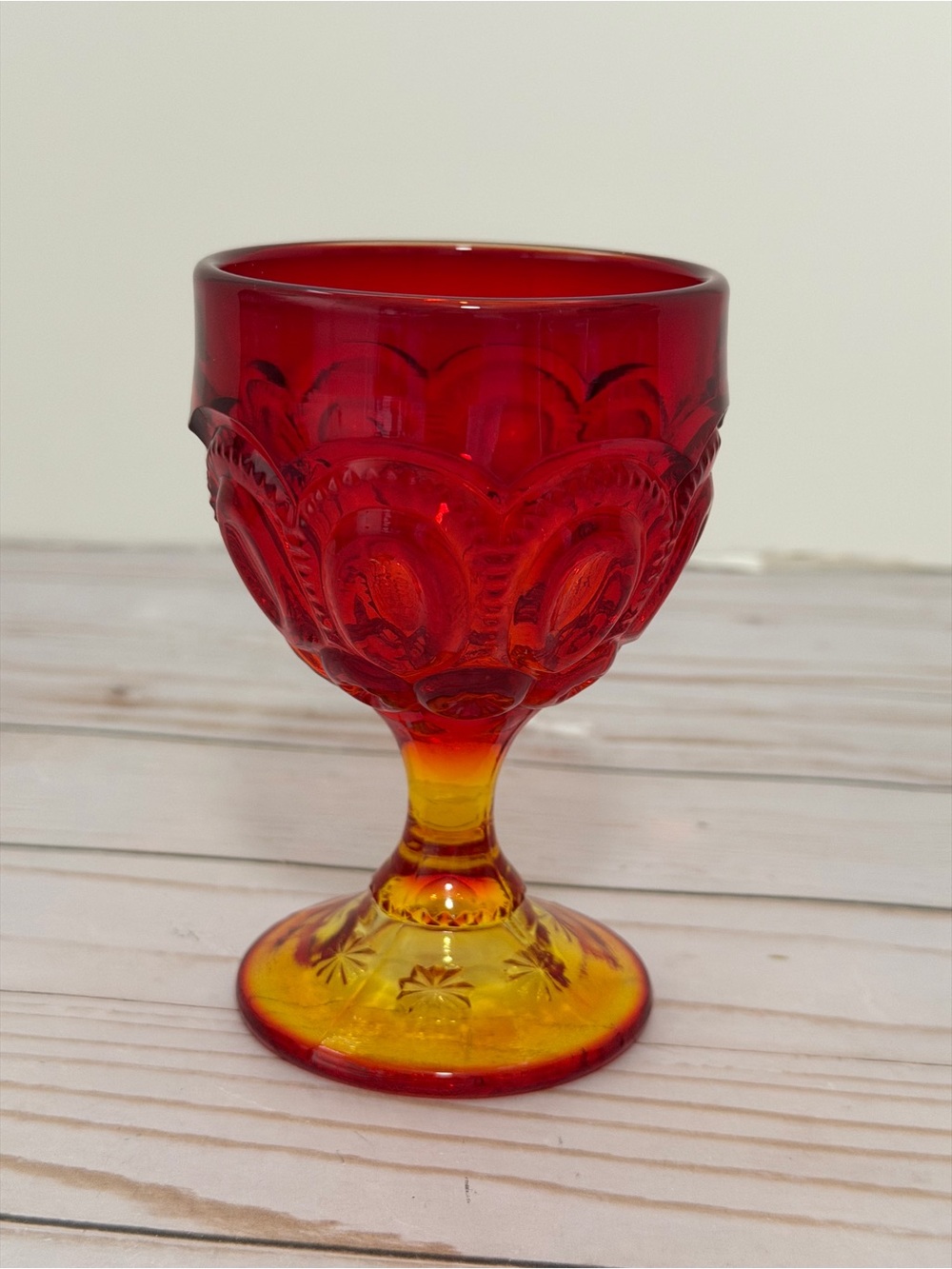 L.E.Smith Moon and Stars Amberina Claret Wine Water Goblet Barware Orange Hue